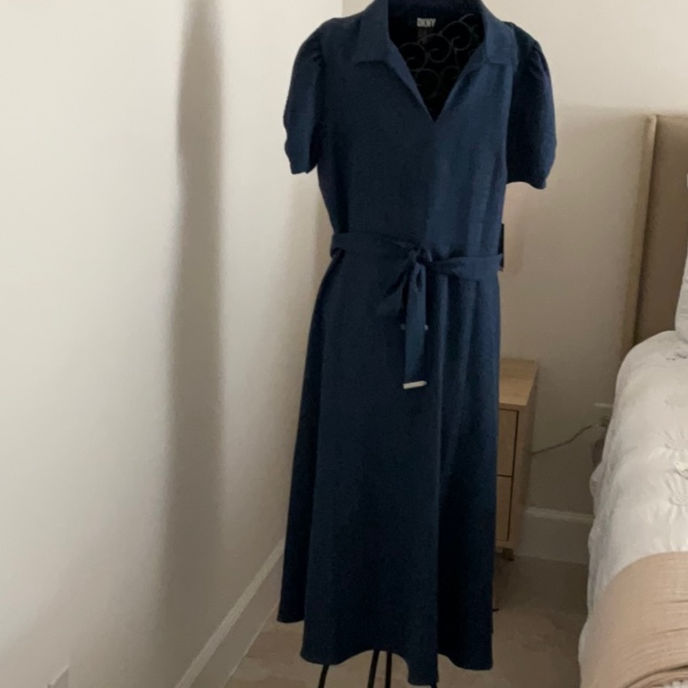 DKNY Blue Puff Sleeve Midi Sundress